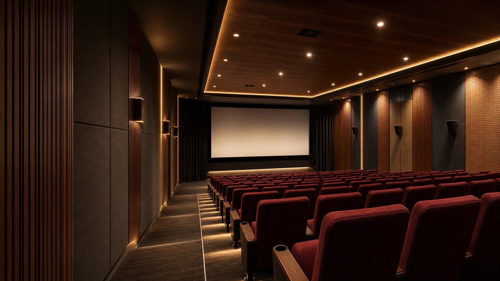 Cinema interior with acoustic wall and ceiling treatment