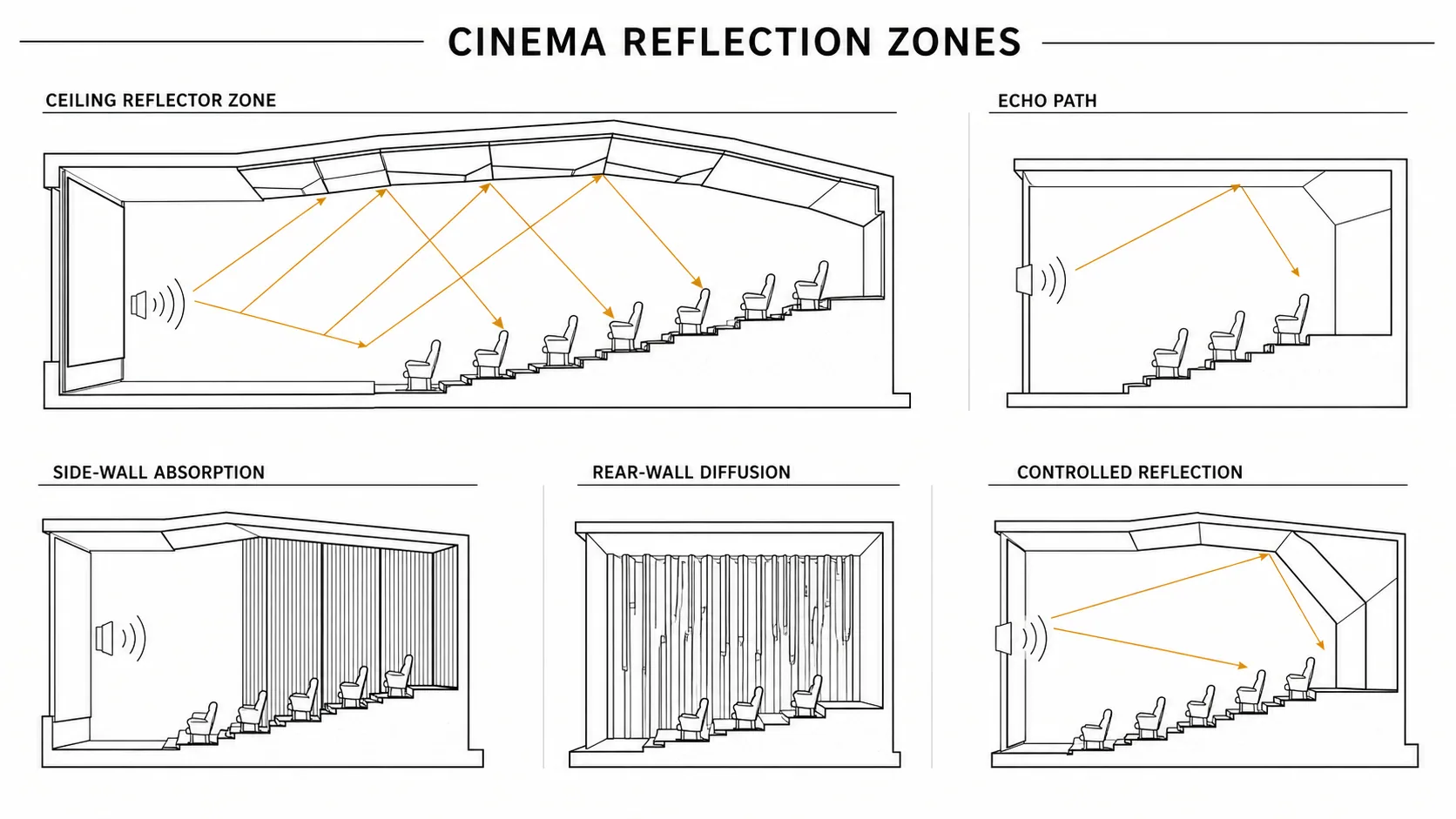Cinema acoustic line diagram showing direct sound, reflections, absorption, diffusion and acoustic isolation