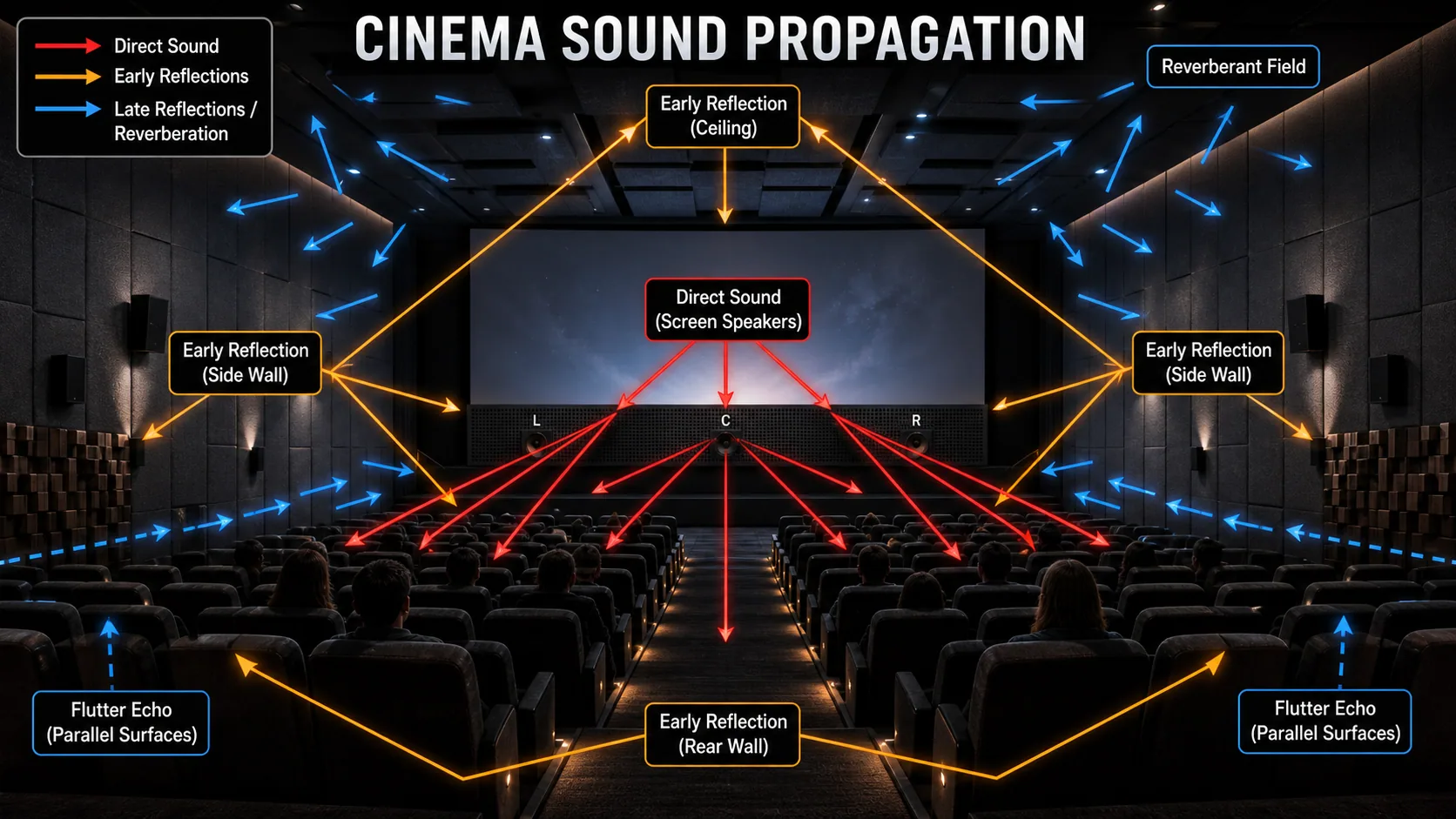 Cinema sound propagation diagram showing direct sound, early reflections and reverberation