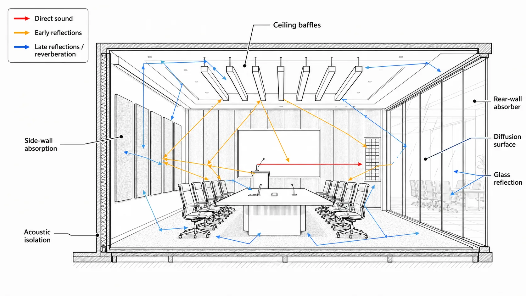 Conference hall acoustic line diagram showing direct sound, reflections, absorption, diffusion and acoustic isolation
