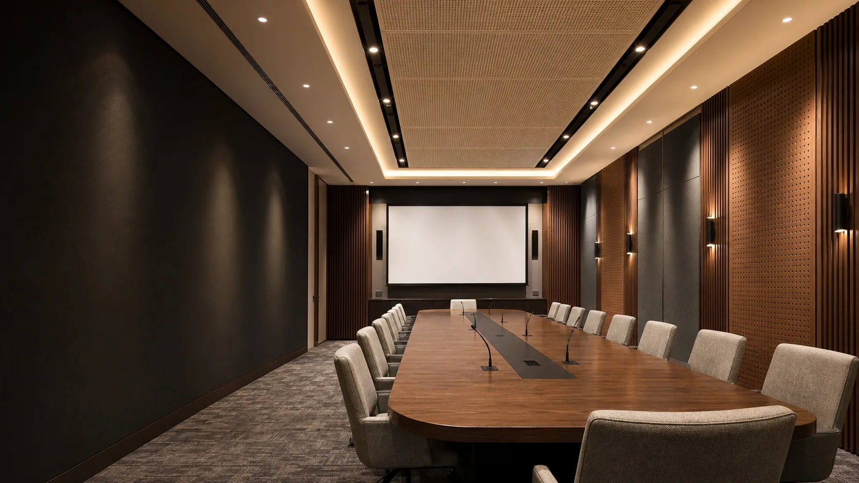Conference room with acoustic wall and ceiling treatment