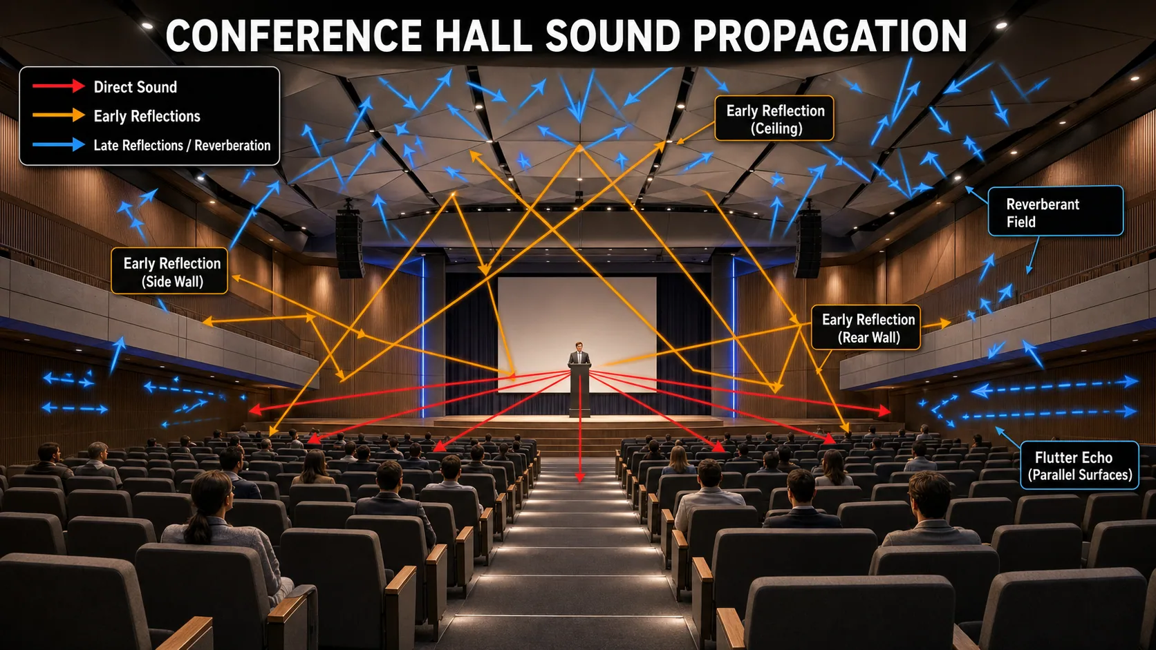 Theater sound propagation diagram showing direct sound, early reflections and reverberation