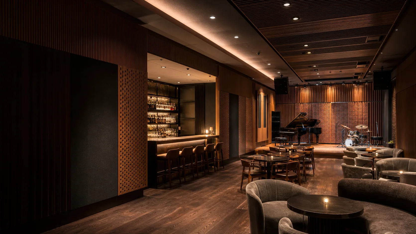 High-end entertainment club with integrated acoustic finishes