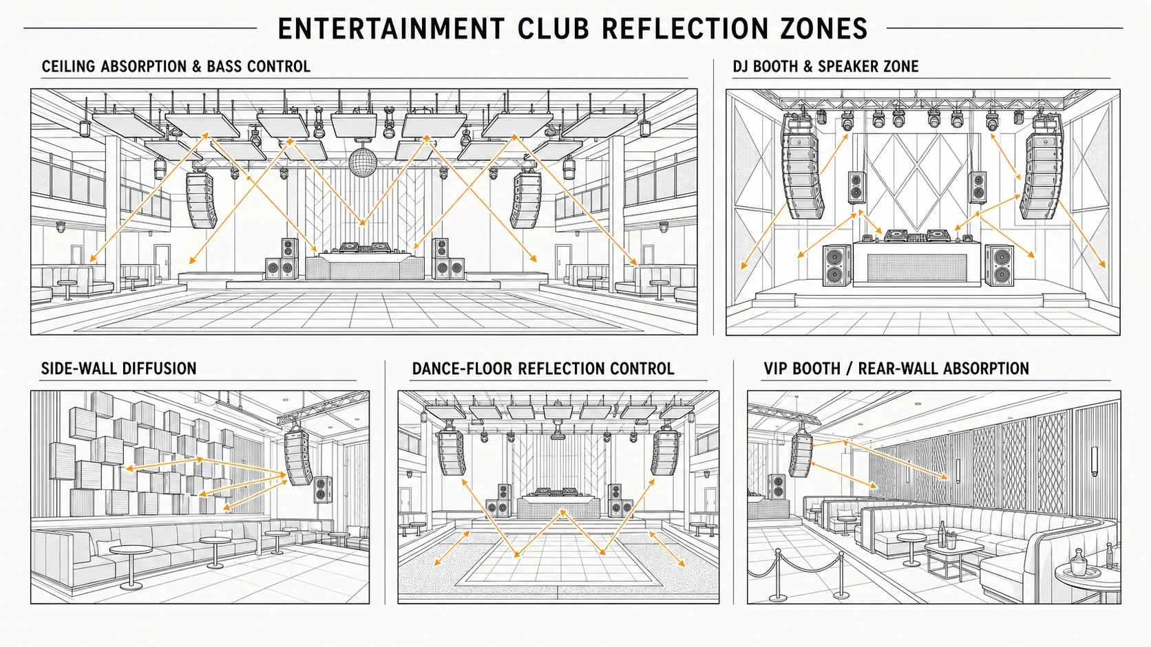 Entertainment club reflection zones diagram showing ceiling absorption, DJ speaker control, side-wall diffusion, dance-floor treatment and VIP rear-wall absorption