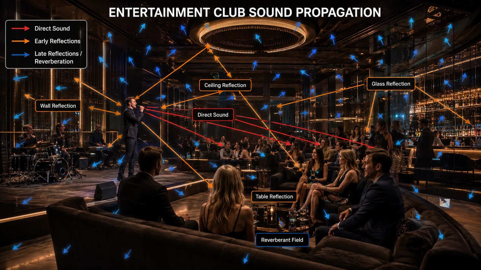 Entertainment club sound propagation diagram showing direct sound, early reflections and reverberation