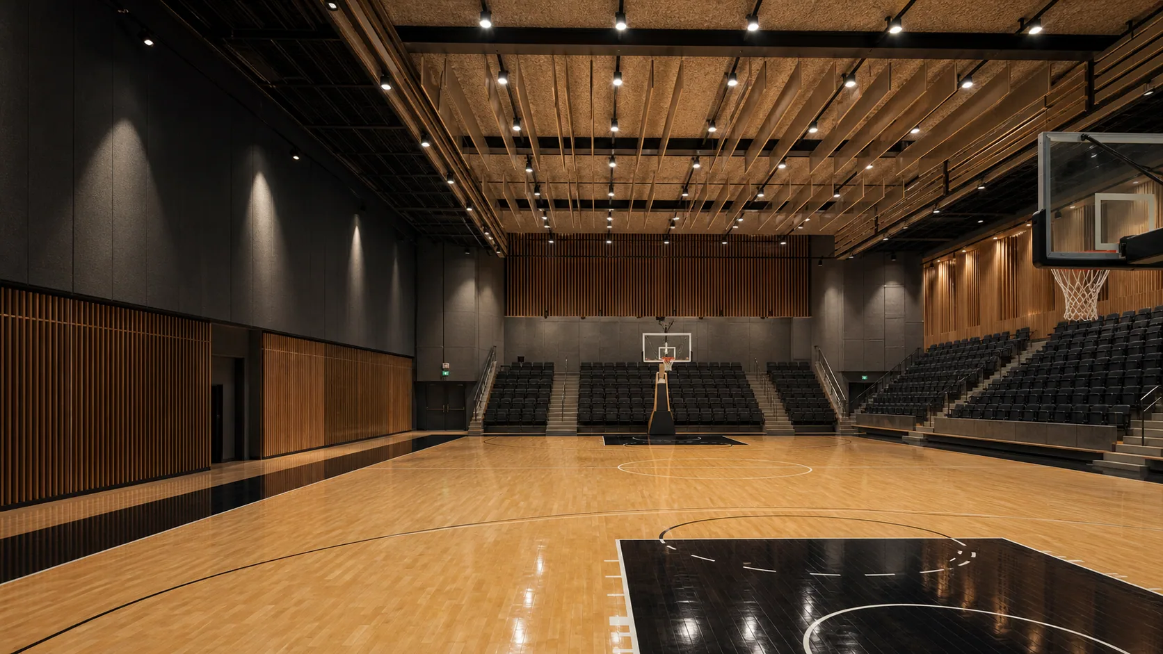 Bright indoor basketball arena with integrated acoustic finishes