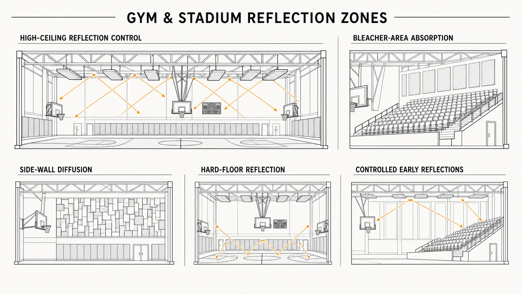 Gym and stadium reflection zones diagram showing high-ceiling reflection control, bleacher-area absorption, side-wall diffusion, hard-floor reflection and controlled early reflections