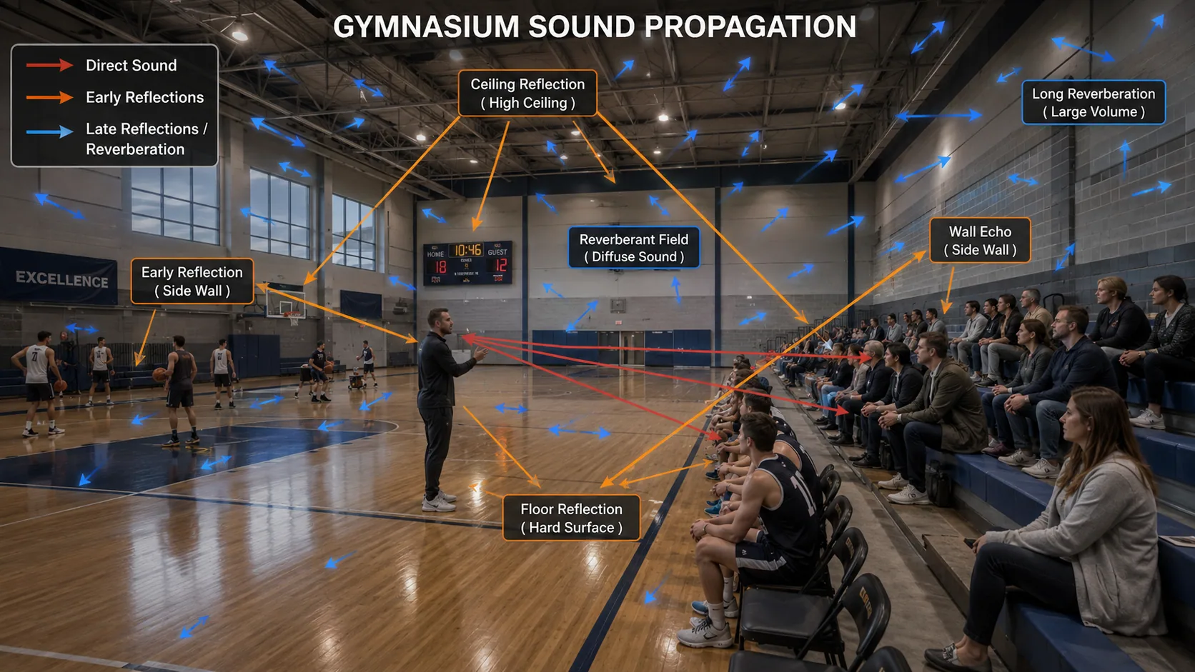 Gym and stadium sound propagation diagram showing direct sound, early reflections and reverberation zones