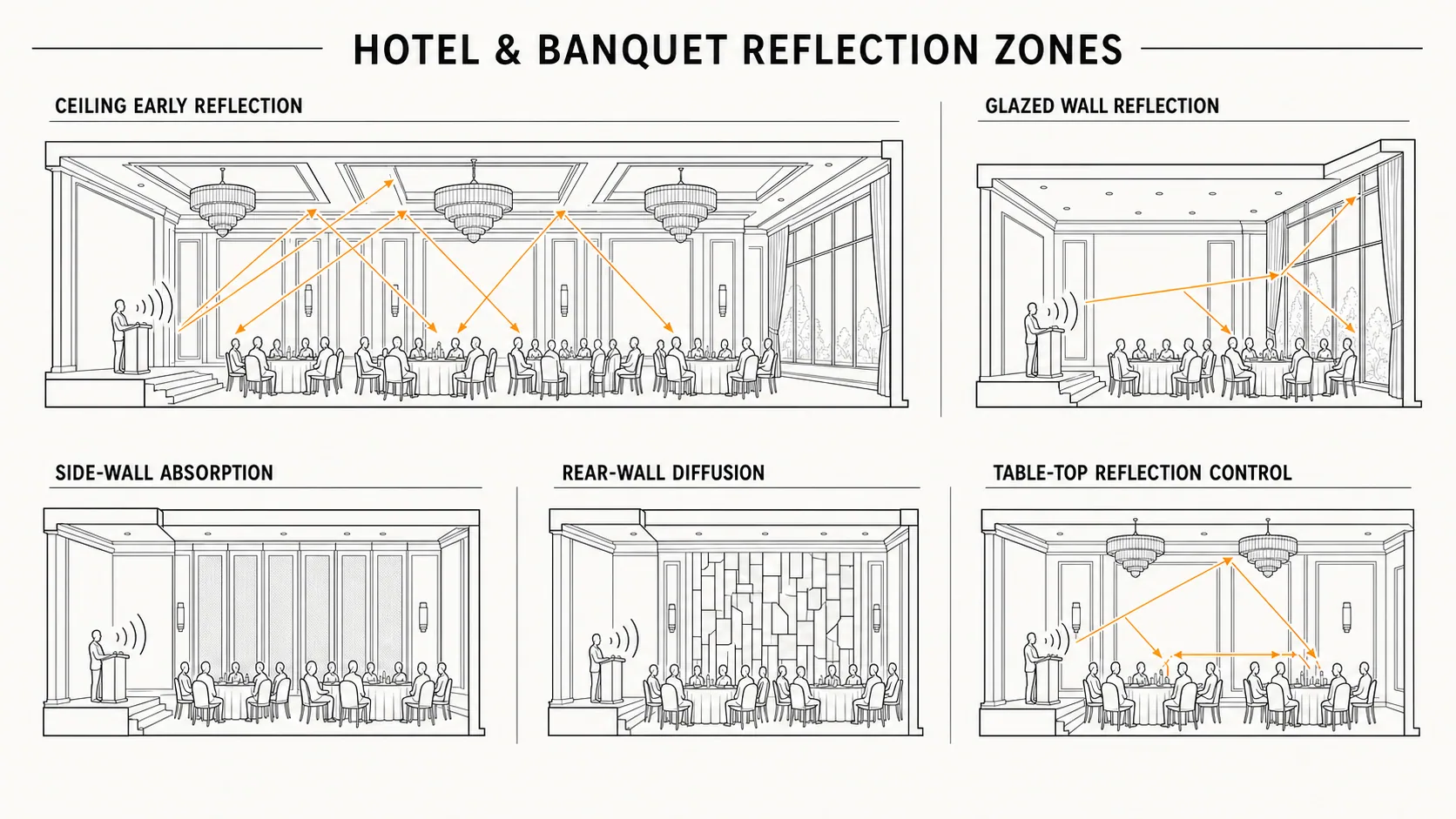 Hotel banquet hall reflection and acoustic-control zones