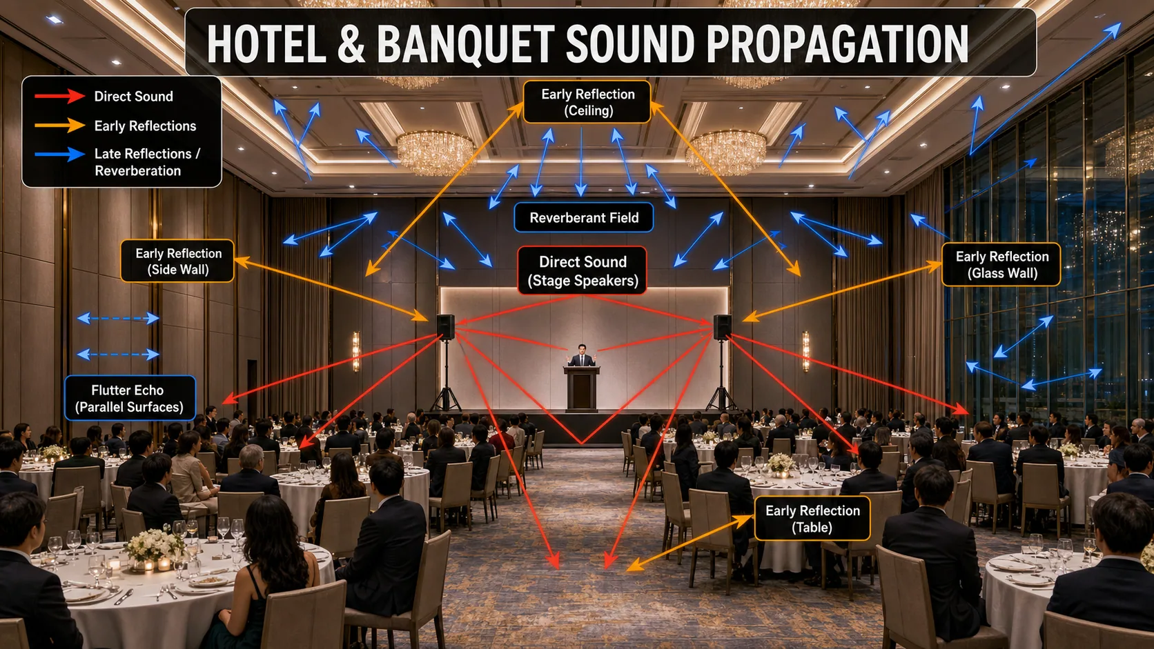 Hotel banquet hall sound propagation showing direct sound, early reflections and reverberant field