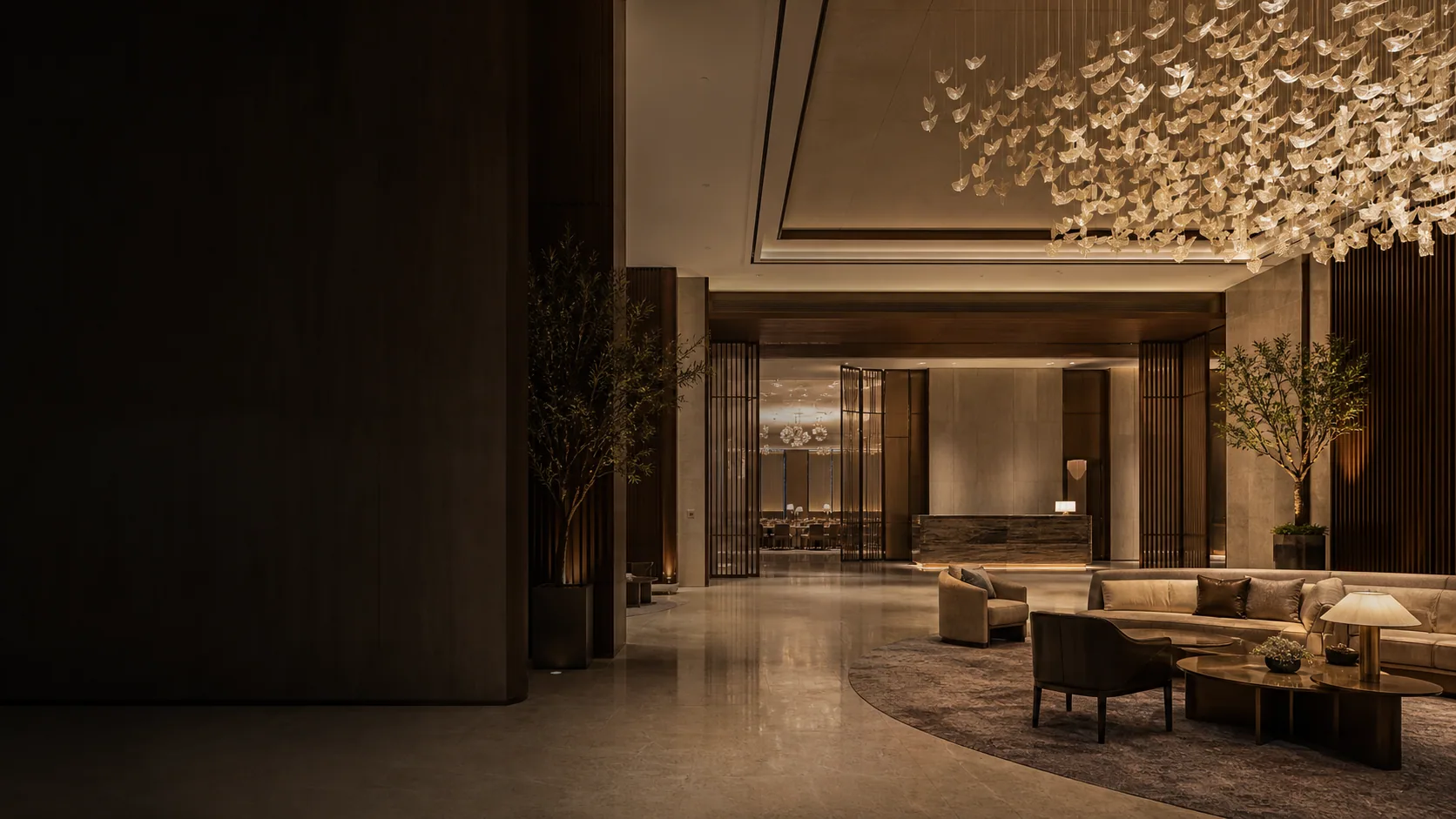 Hotel event space with acoustic ceiling treatment