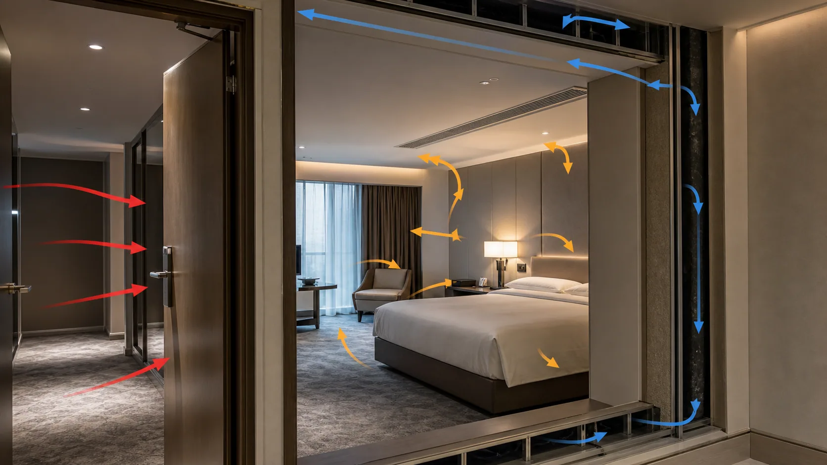 Guest room sound propagation from corridor, partitions and building services