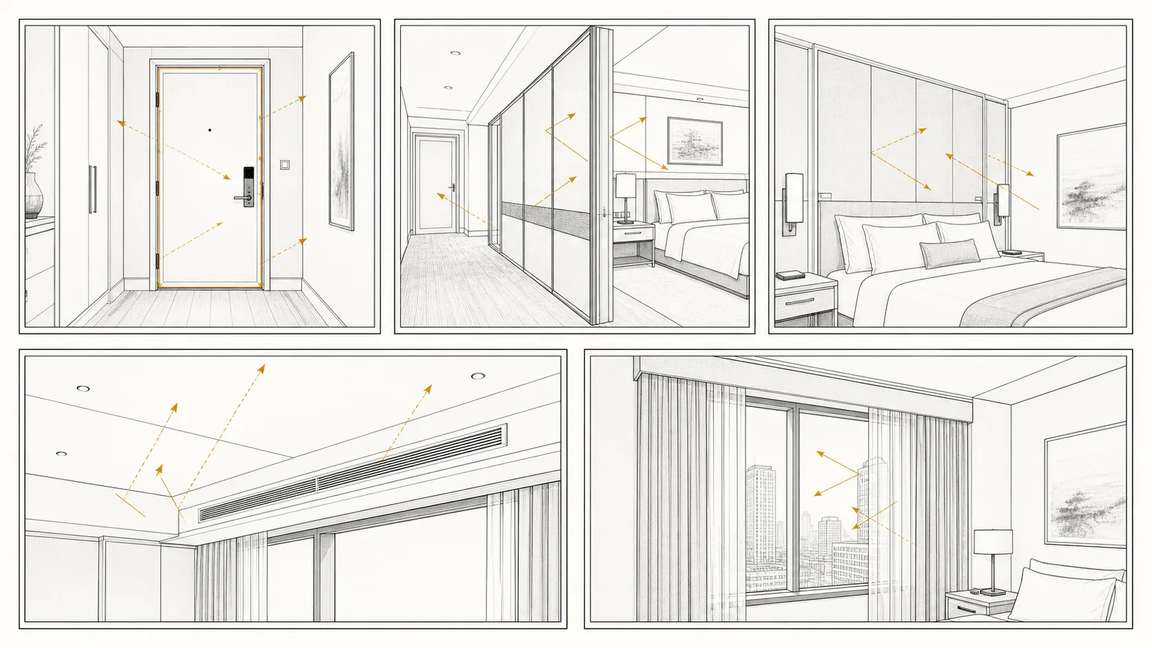 Guest room acoustic control zones