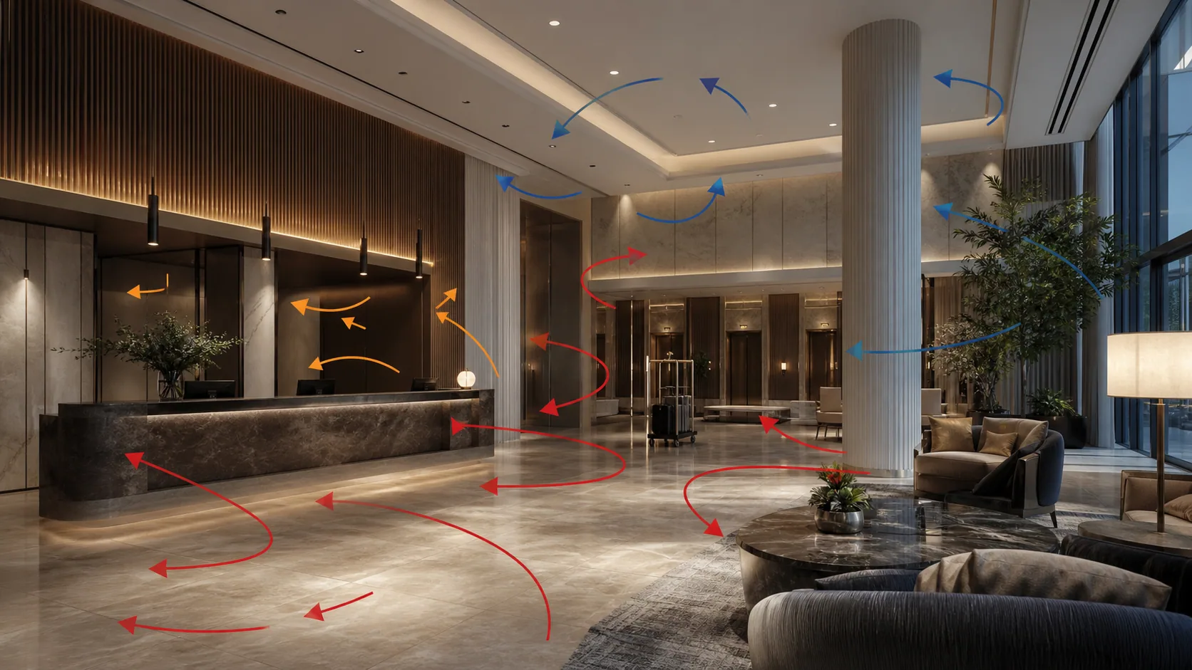 Hotel lobby sound propagation between arrival, reception and lounge zones