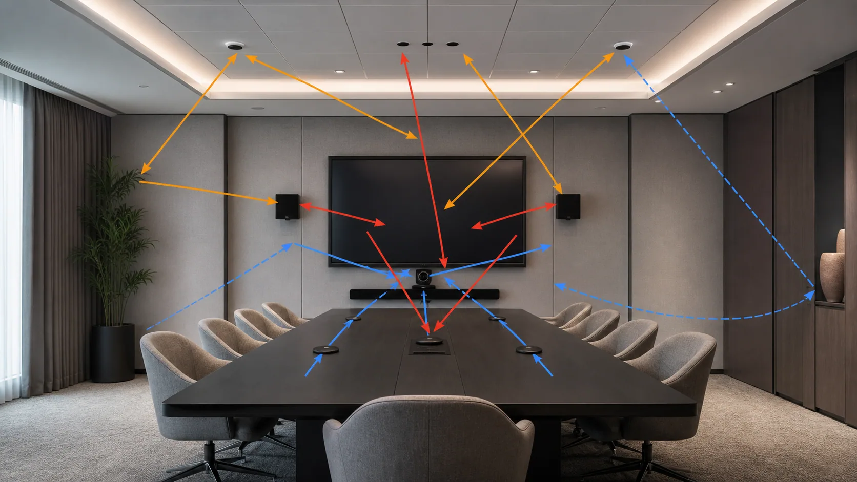 Hotel meeting room sound propagation for presentation and hybrid AV use