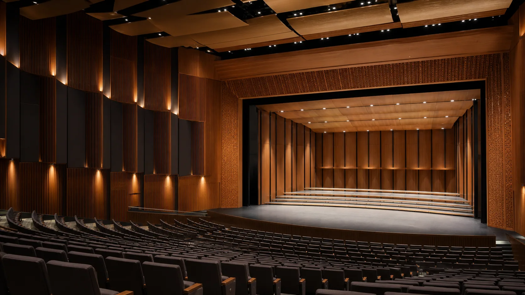 Theatre interior with acoustic wall and ceiling treatment