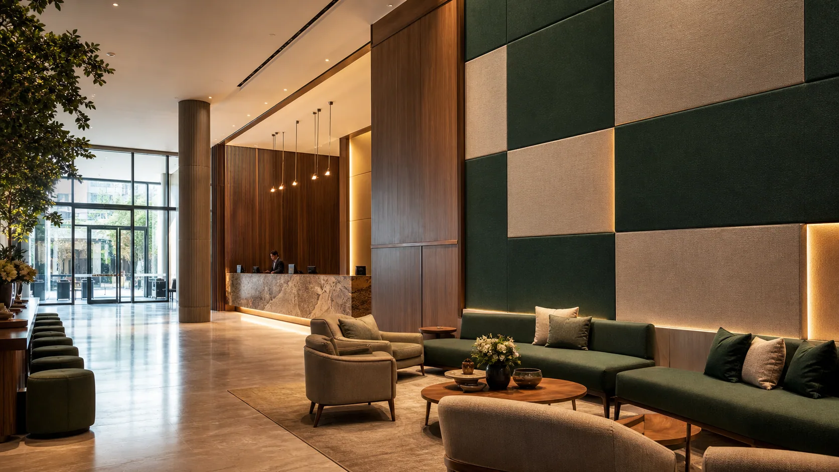 Textile-wrapped fabric acoustic panels in a hotel lobby application