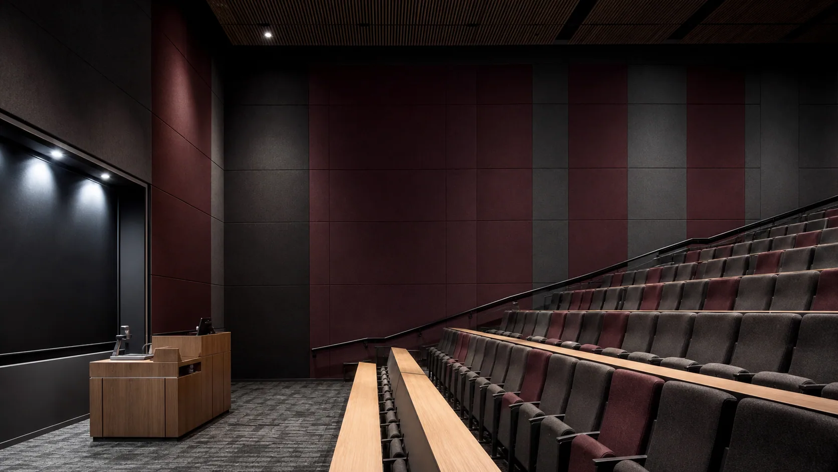 University lecture theatre with charcoal fabric acoustic wall panels