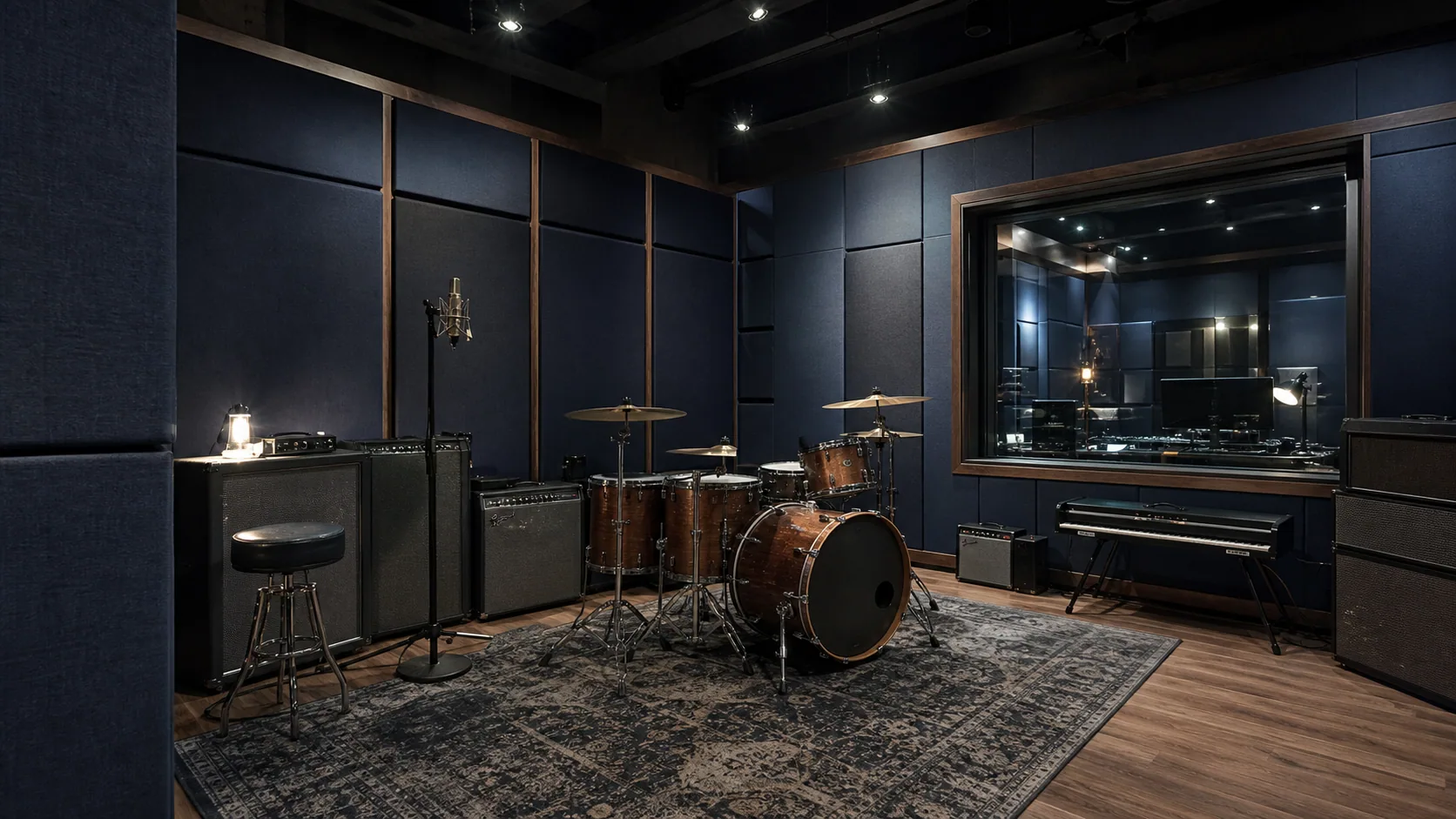 Music studio with navy fabric acoustic wall panel treatment