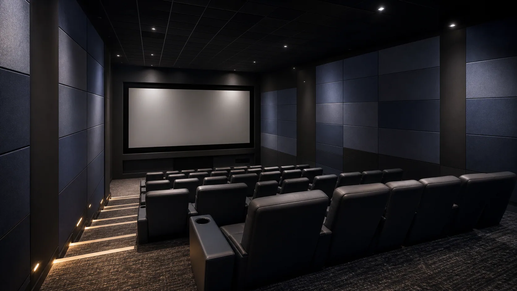 Cinema auditorium with midnight blue fabric acoustic wall panels