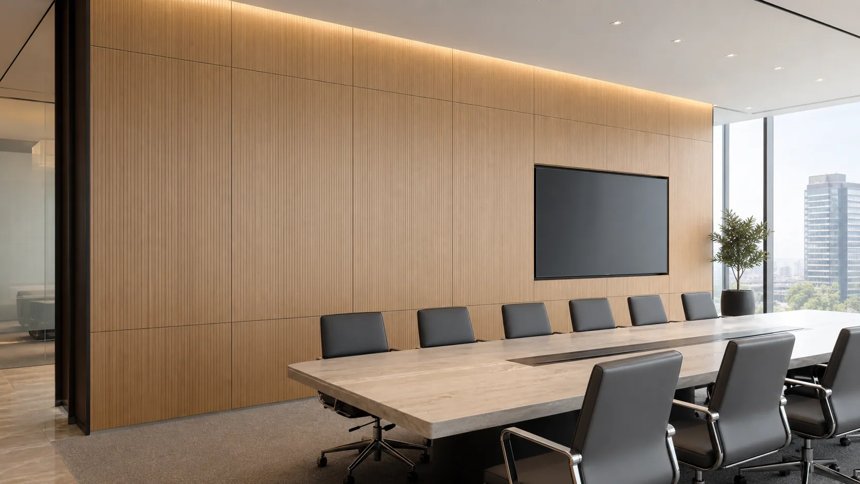 Executive boardroom with flush routed grooved wood acoustic wall panels