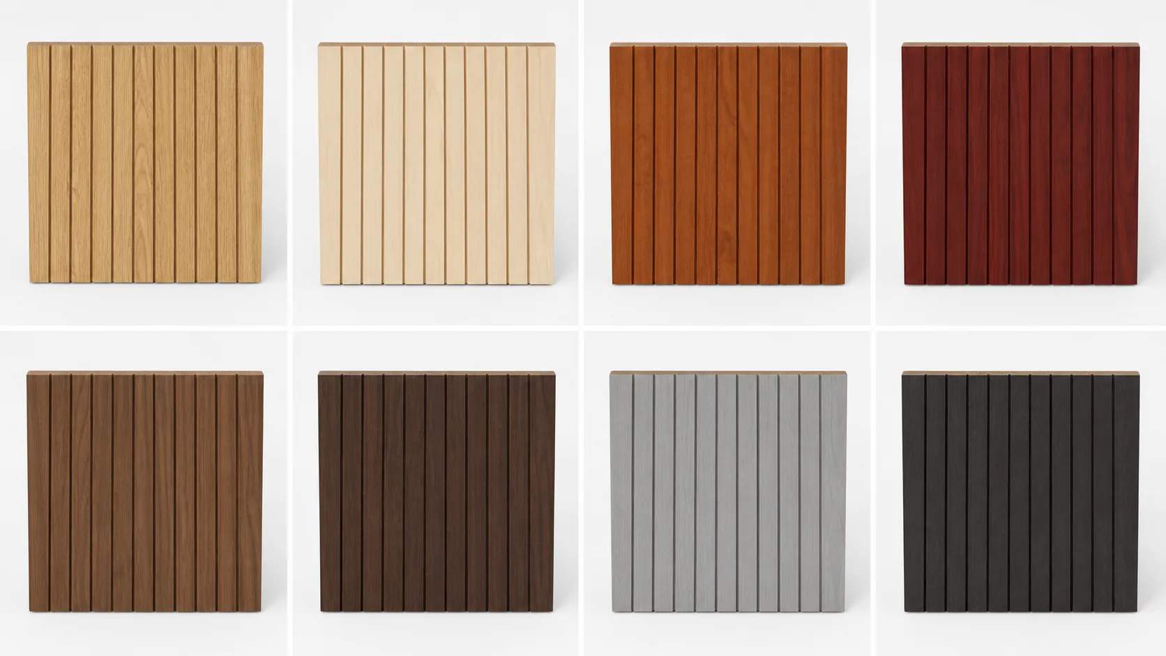 Eight colour-direction studies for continuous grooved wood acoustic panels