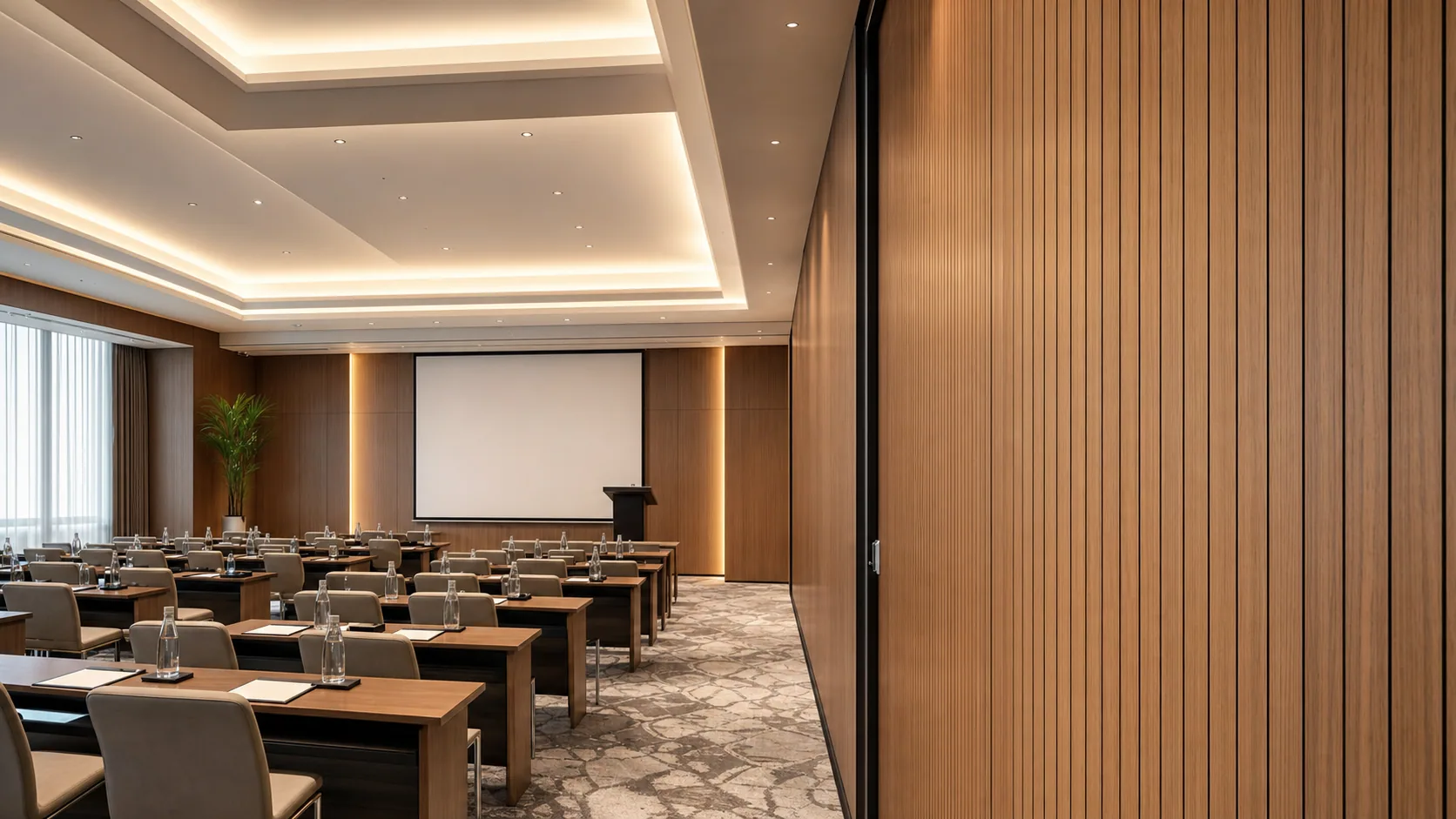 Hotel conference room with continuous grooved wood acoustic panel walls