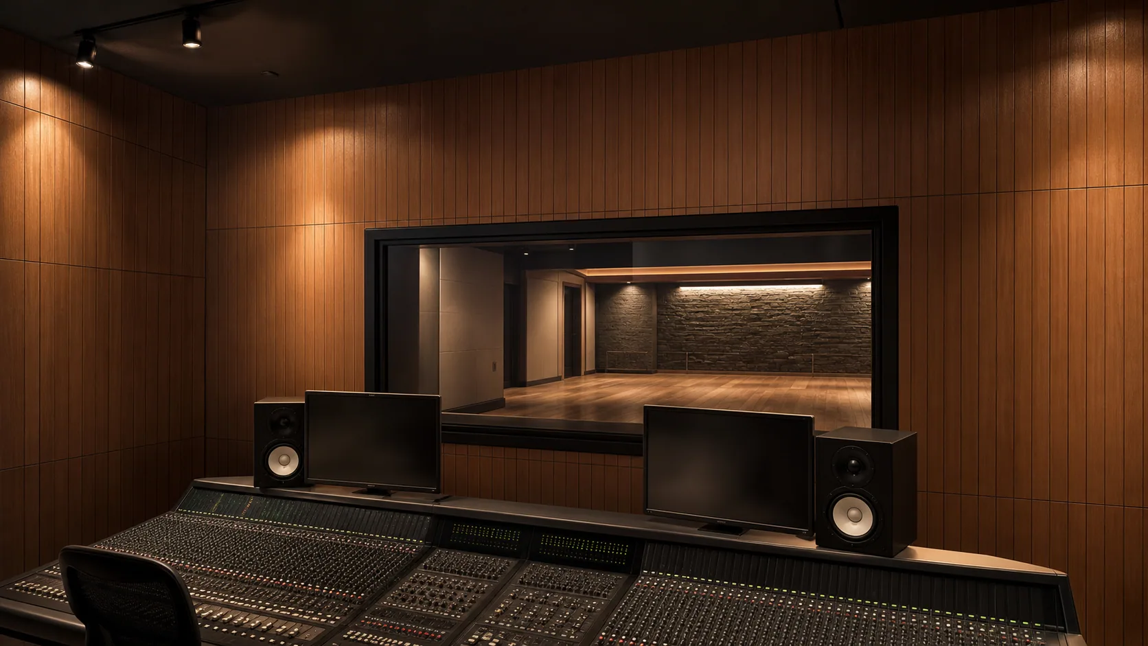 Recording studio control room with routed grooved wood acoustic panels