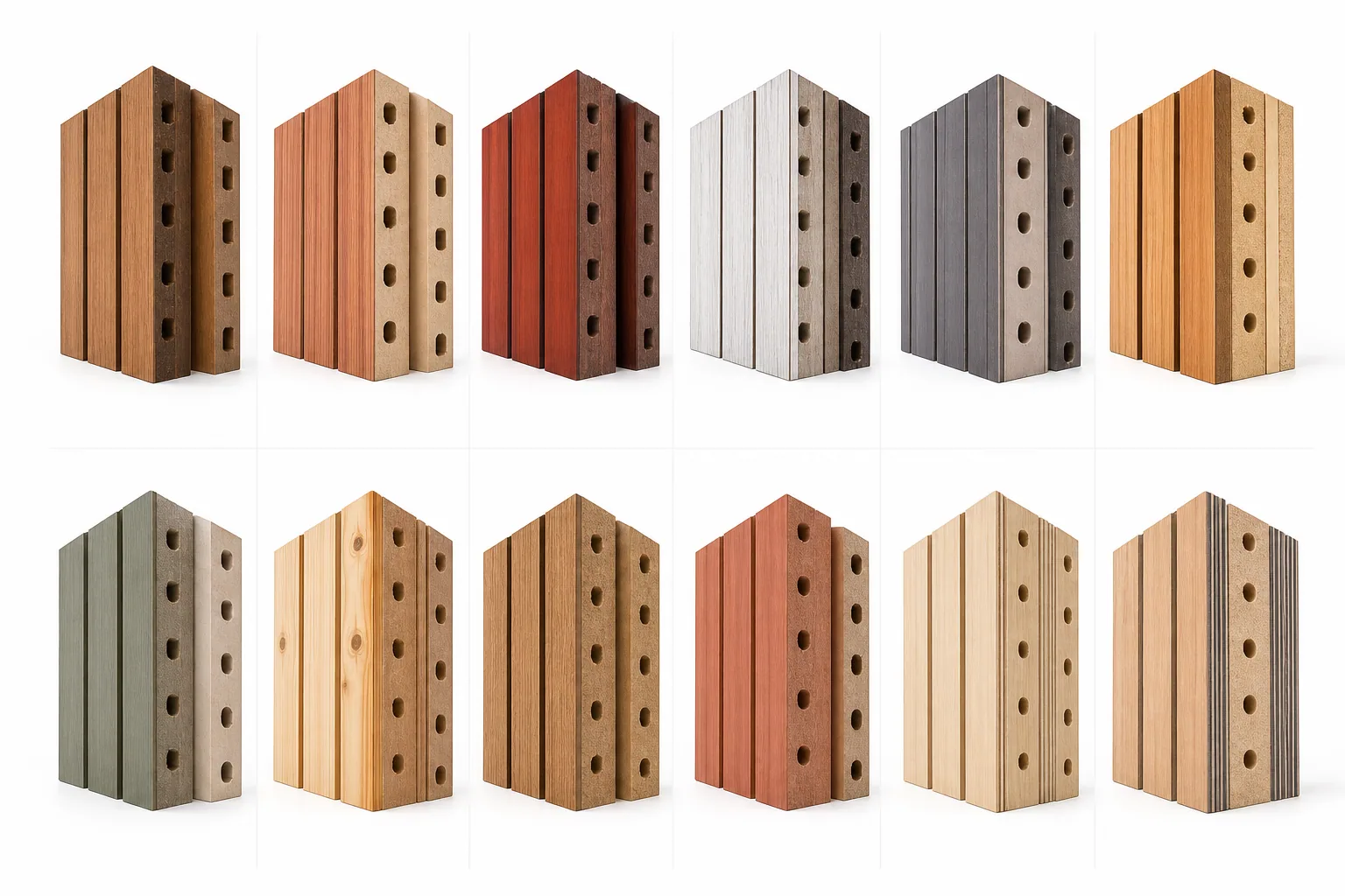 Twelve visual studies of grooved wood acoustic panel substrate directions