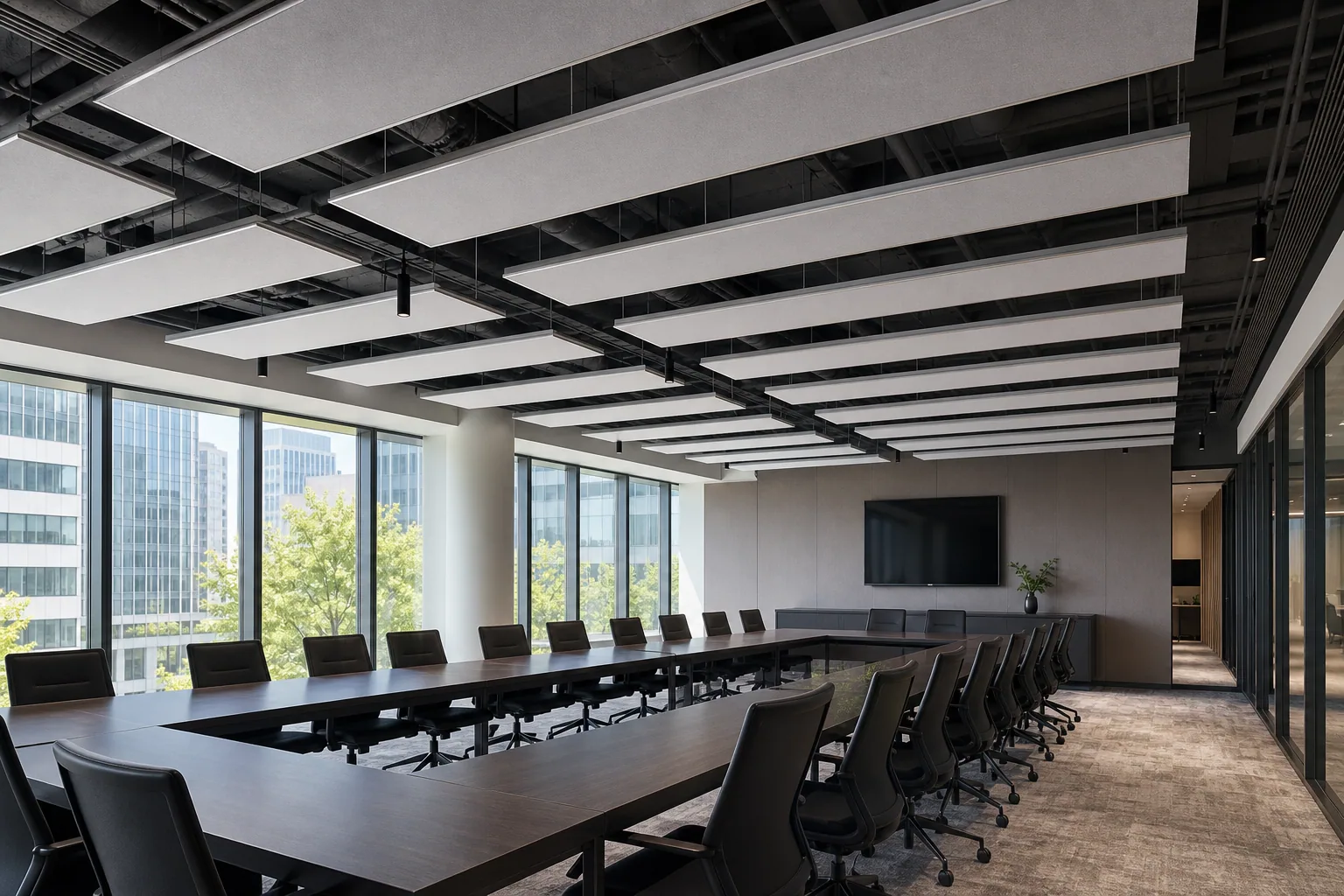 Conference room with suspended panel ceiling space absorbers