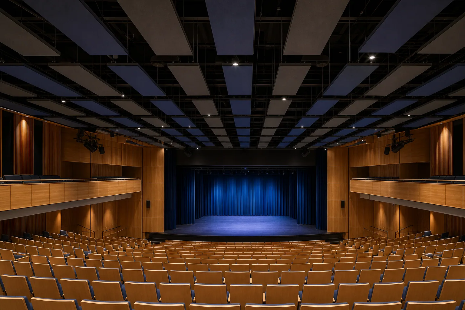 Auditorium with suspended panel ceiling space absorbers