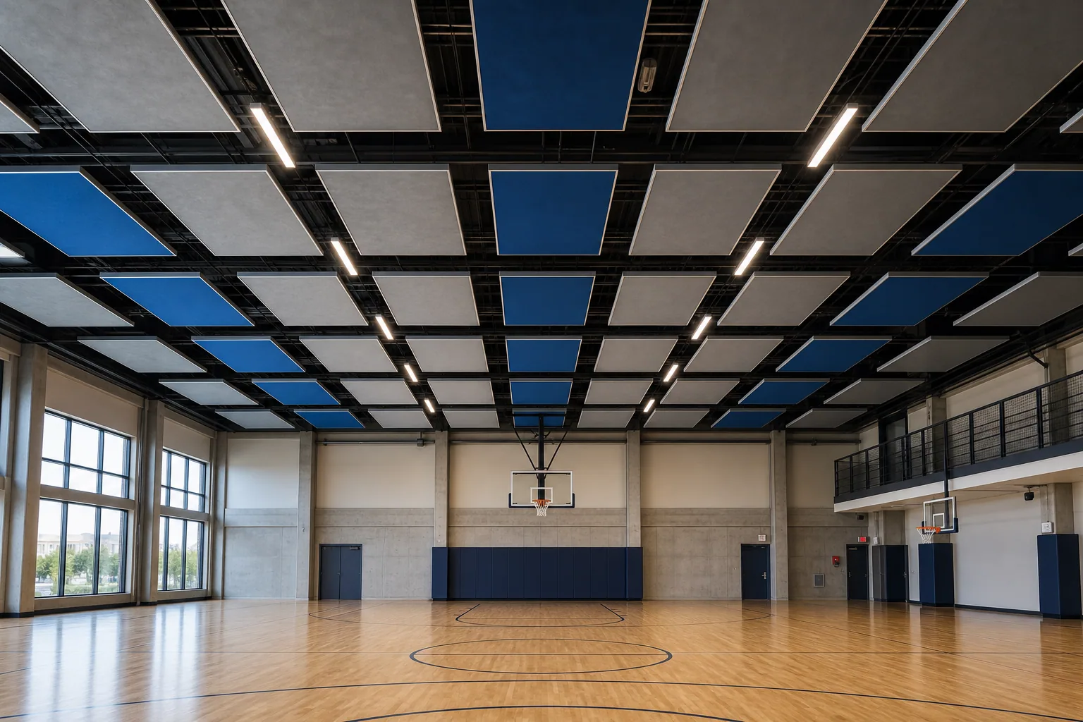 Teaching hall with suspended acoustic ceiling absorber panels