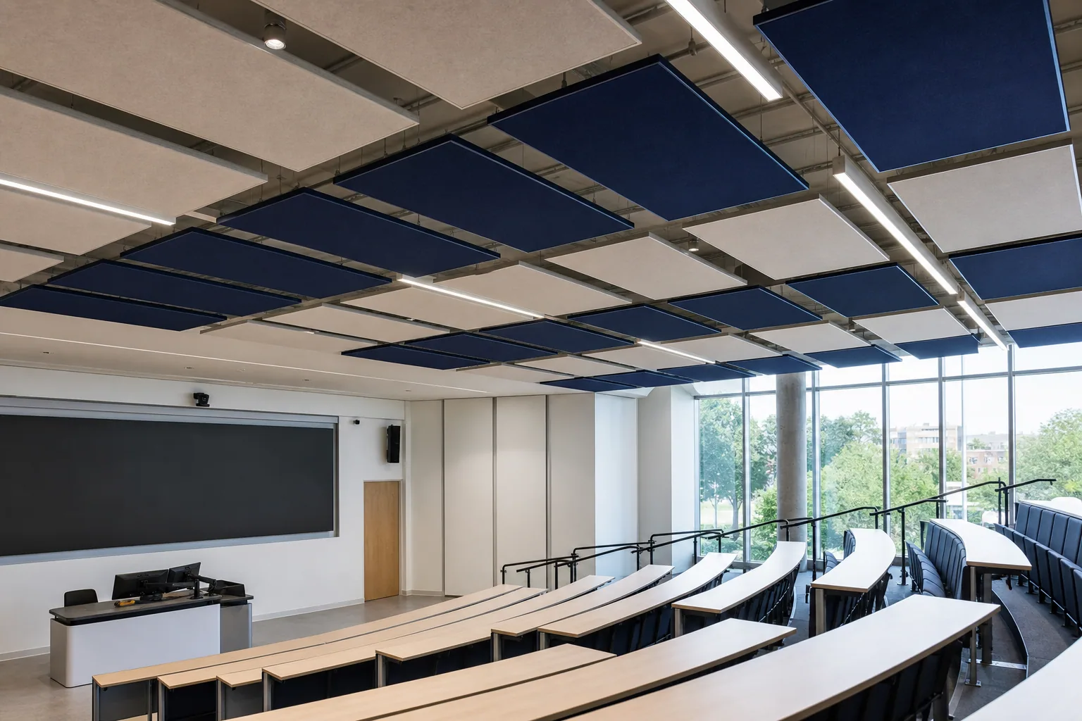 Sports hall with suspended panel ceiling space absorbers