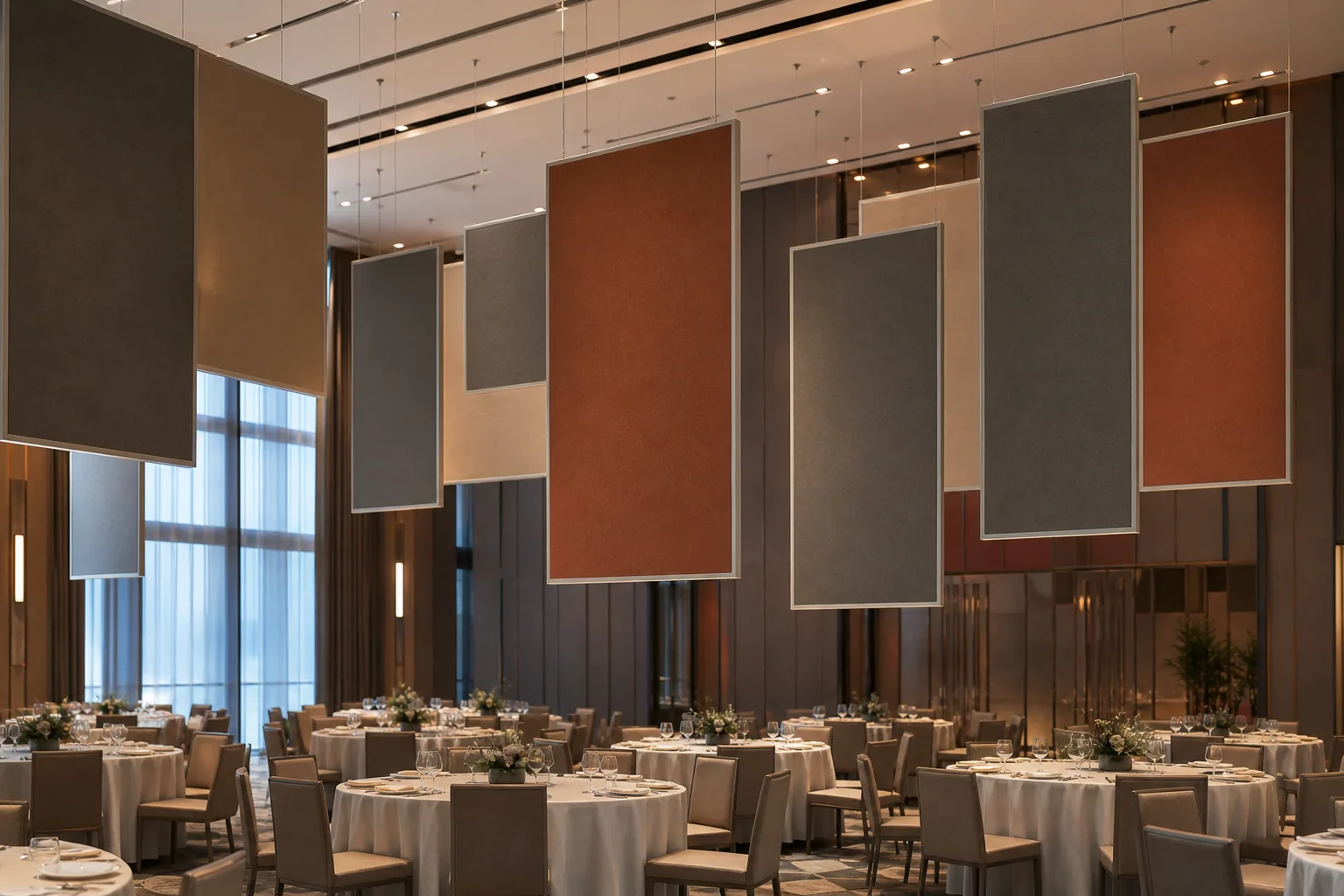 Multi-purpose venue with coloured suspended acoustic ceiling panels