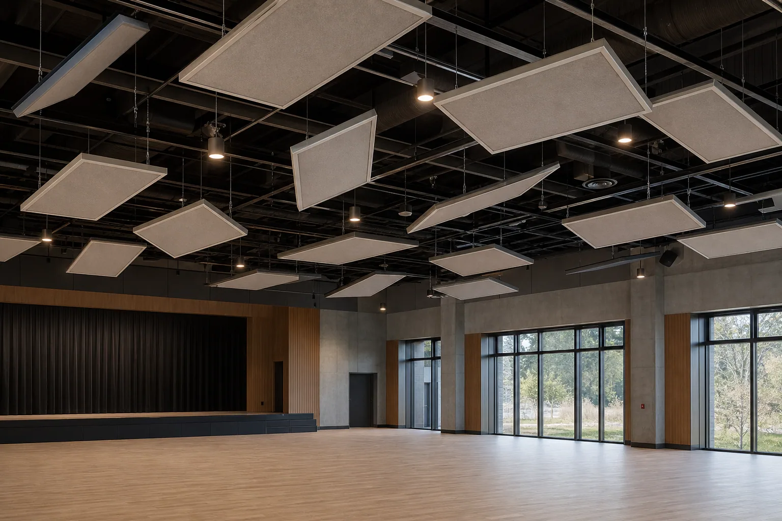 Performance venue with suspended panel ceiling absorbers