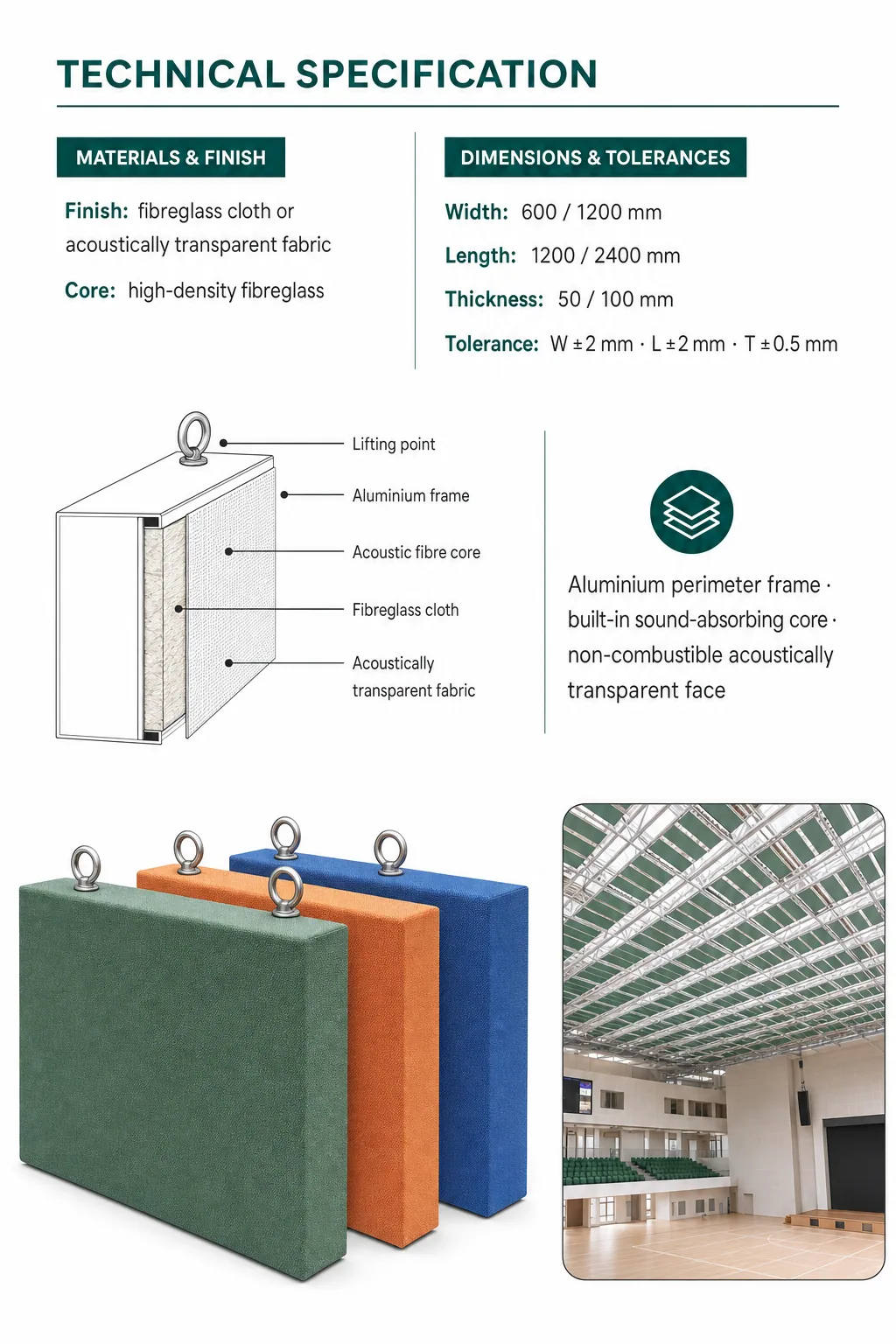 Panel Ceiling Space Absorber technical specification showing dimensions, materials and labelled construction
