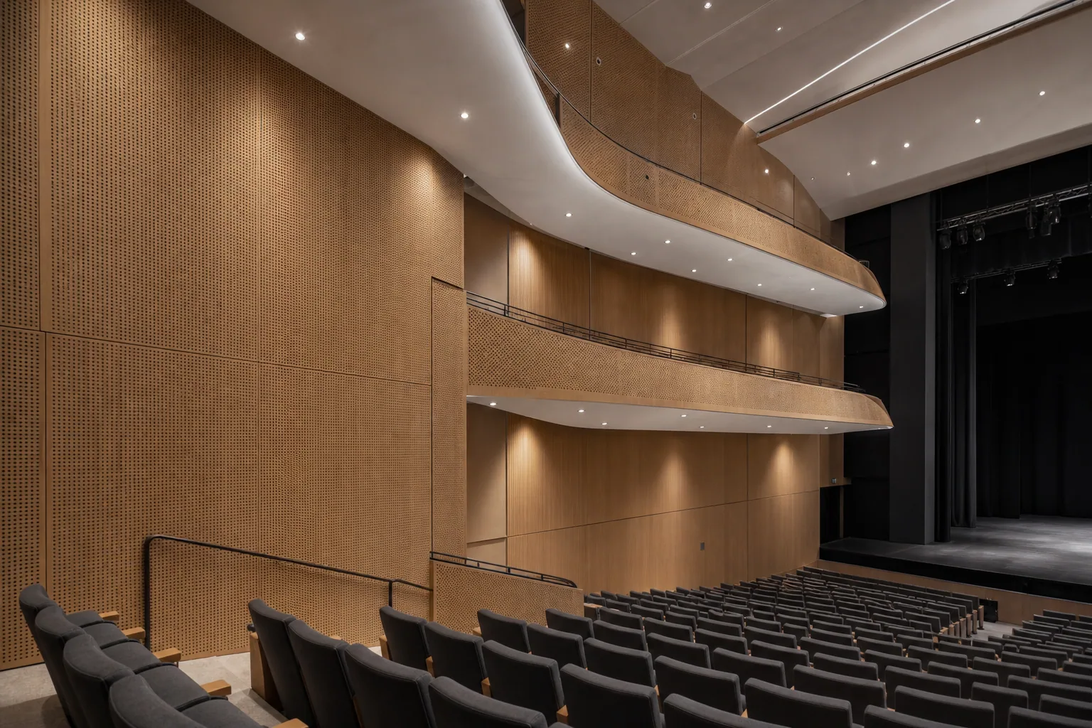 Performing arts auditorium with perforated wood acoustic panel walls and balcony fronts