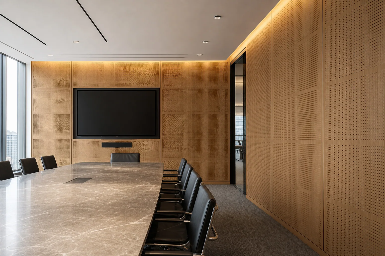 Executive boardroom lined with continuous perforated wood acoustic panels