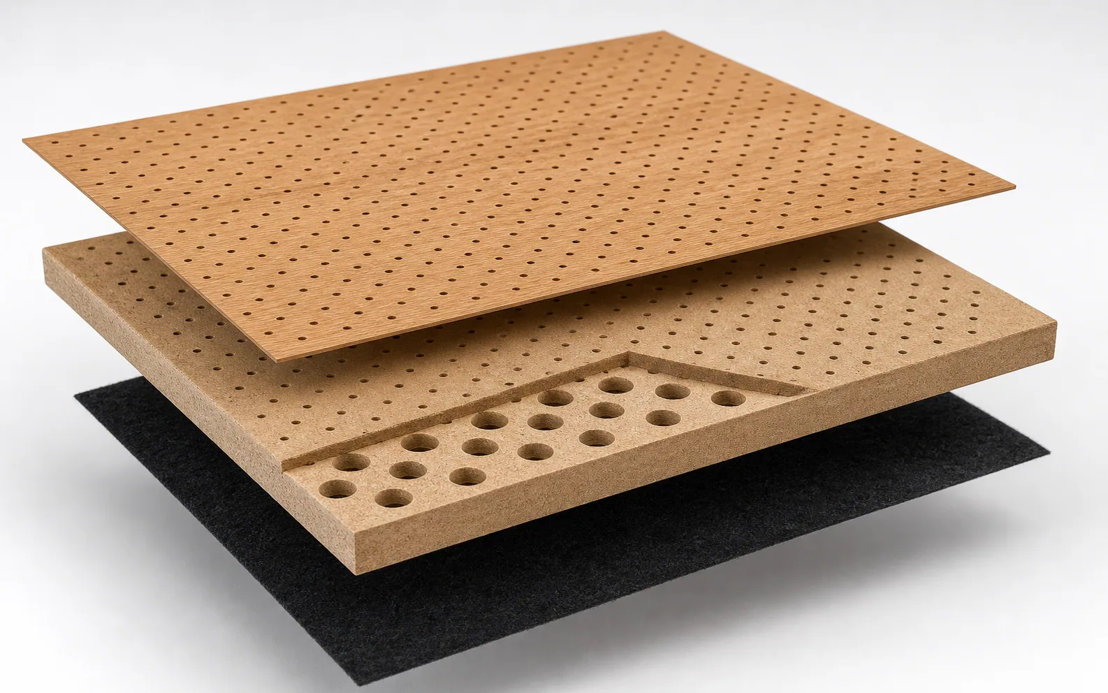 Large exploded view of perforated wood panel finish, dense base core and thin black rear acoustic tissue