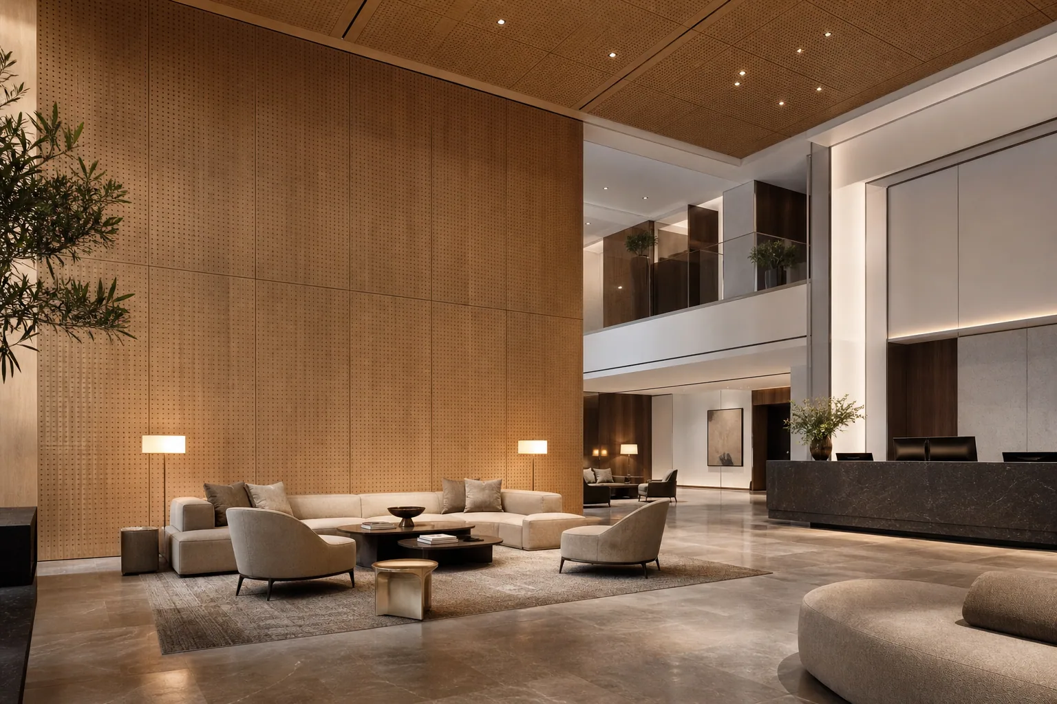 Five-star hotel lobby with broad flush perforated wood acoustic panel walls and ceiling fields