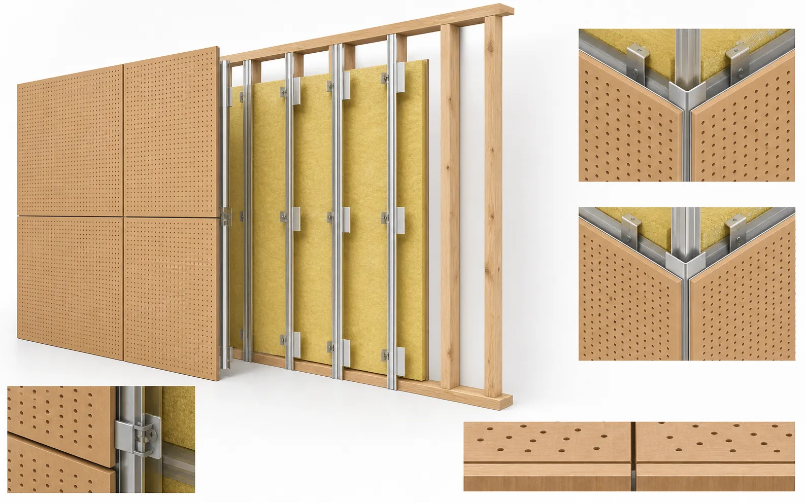 Exploded installation view of perforated wood acoustic panels, aluminium profiles, acoustic infill, concealed clips and corner details