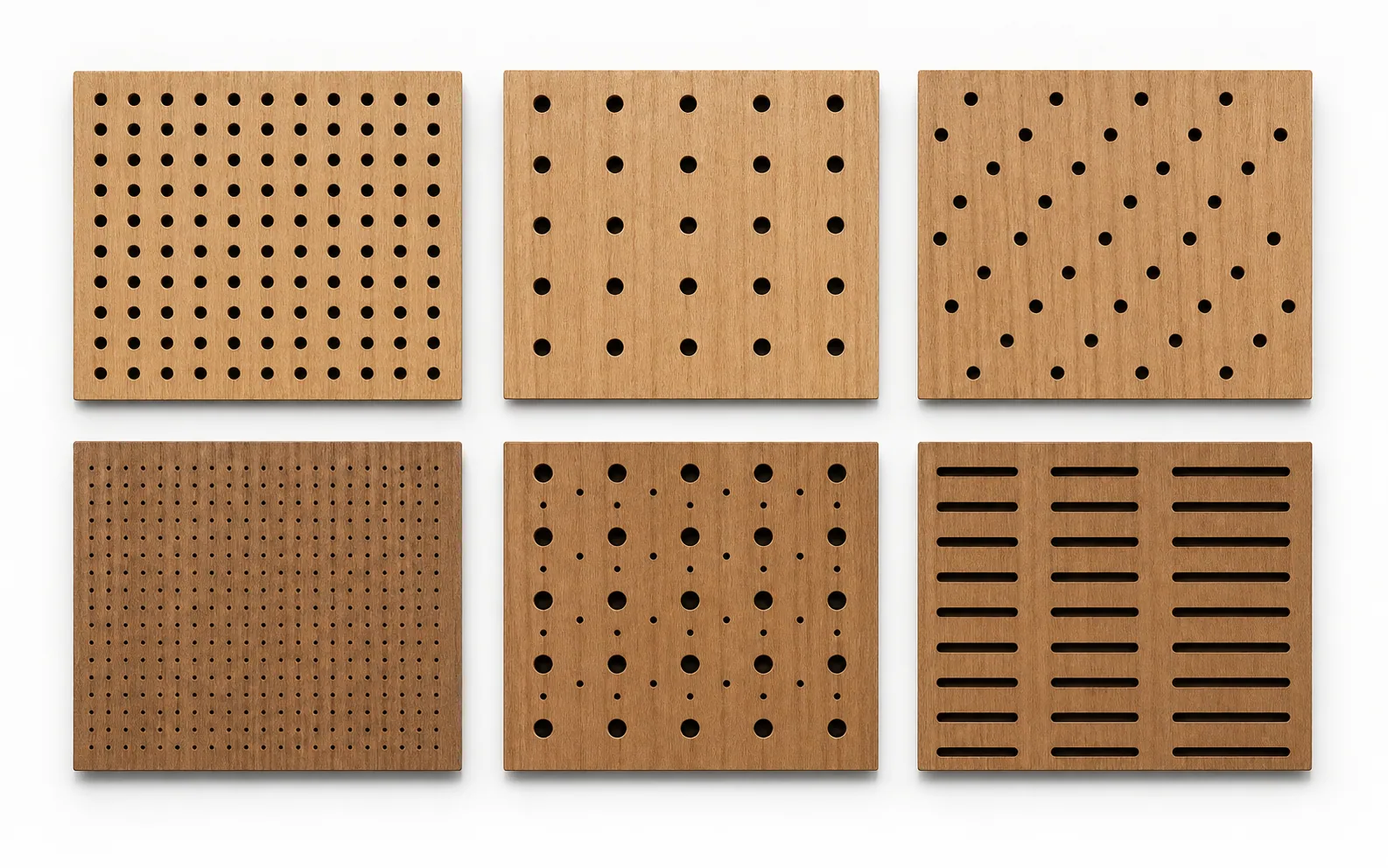 Six photographic perforation pattern samples including regular, staggered, microperforated, mixed-hole and elongated-slot types