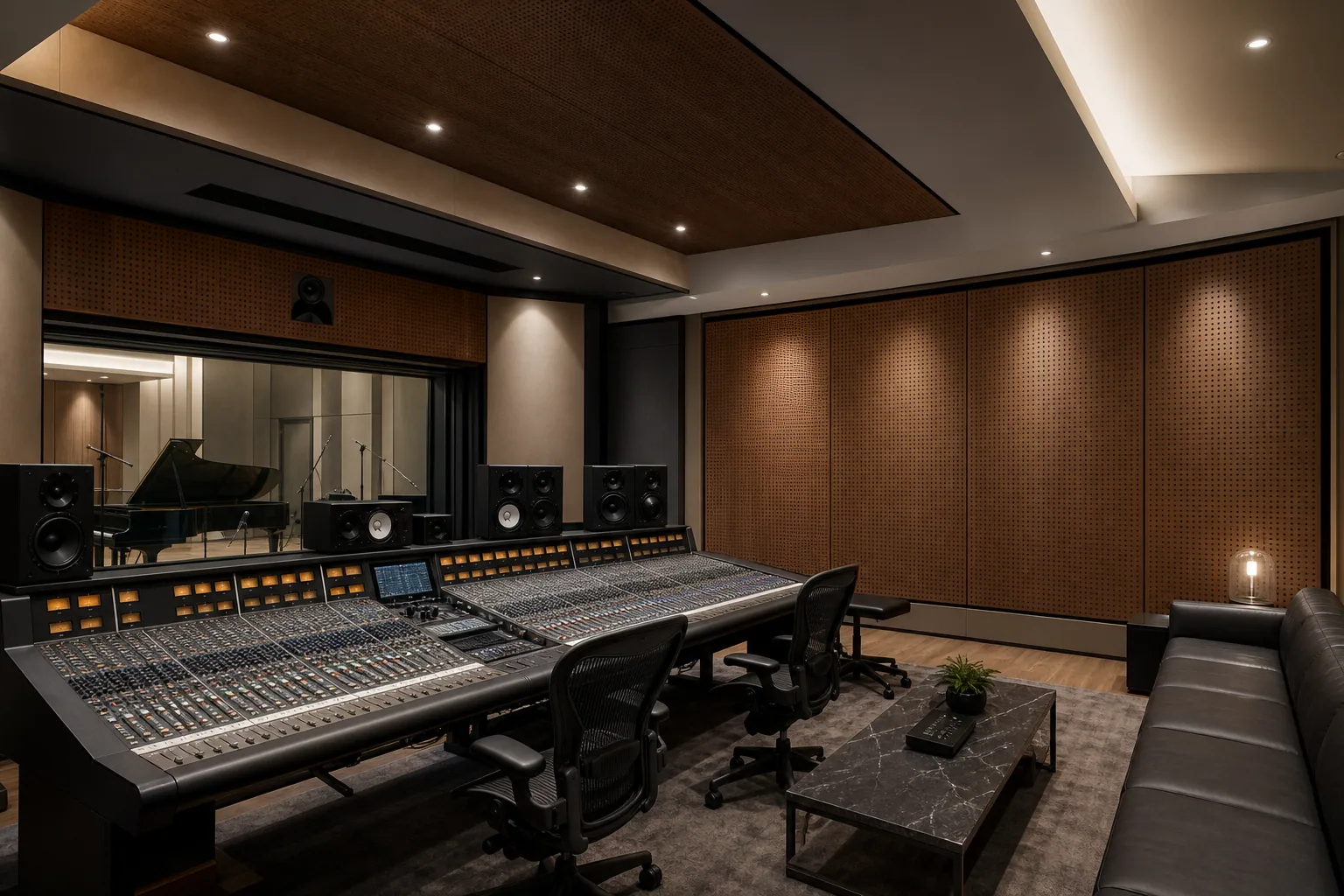 Professional recording studio control room with broad walnut perforated wood acoustic wall panels
