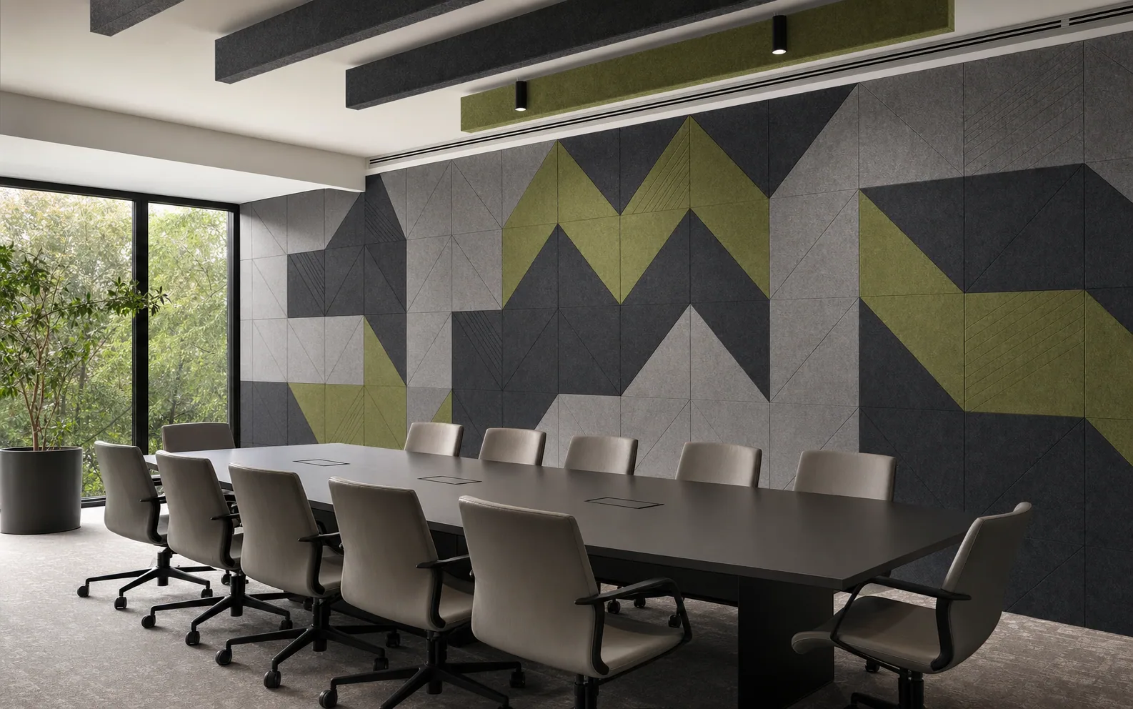 Executive boardroom with engraved grey green and charcoal polyester acoustic panels