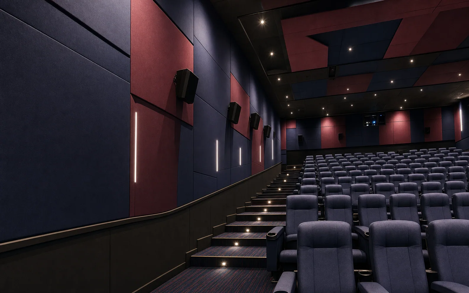 Cinema auditorium with burgundy and navy polyester acoustic panels
