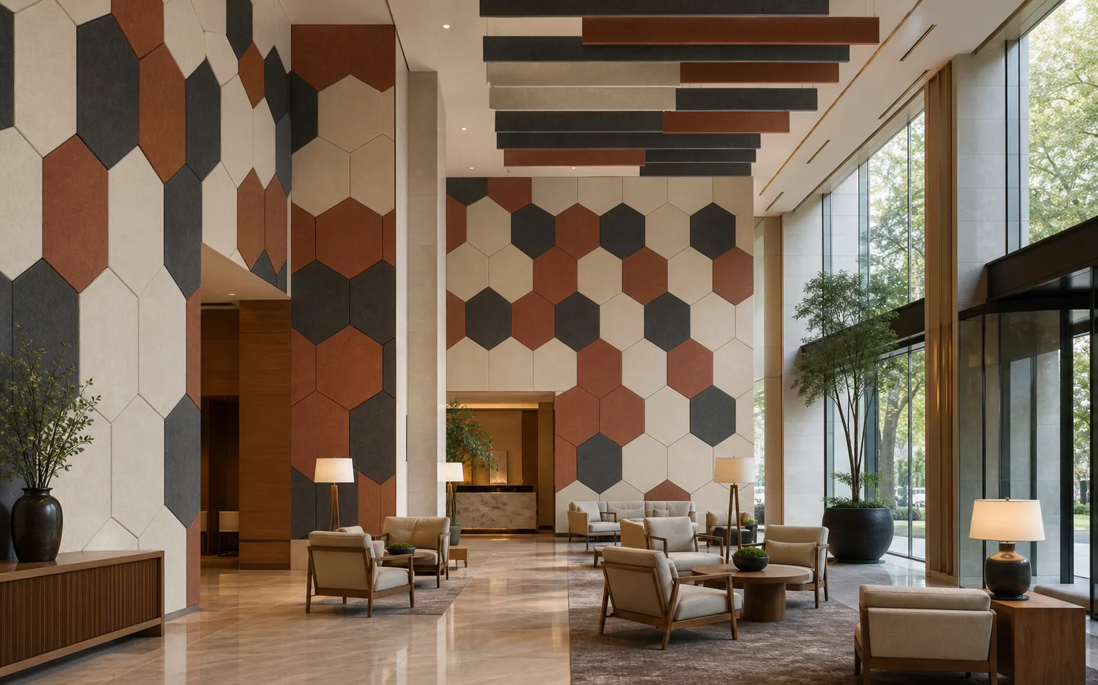 Premium hotel lobby with hexagonal polyester acoustic wall panels and suspended PET baffles