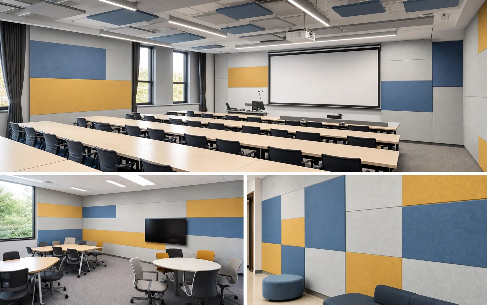 University learning space with blue grey and yellow polyester acoustic panels