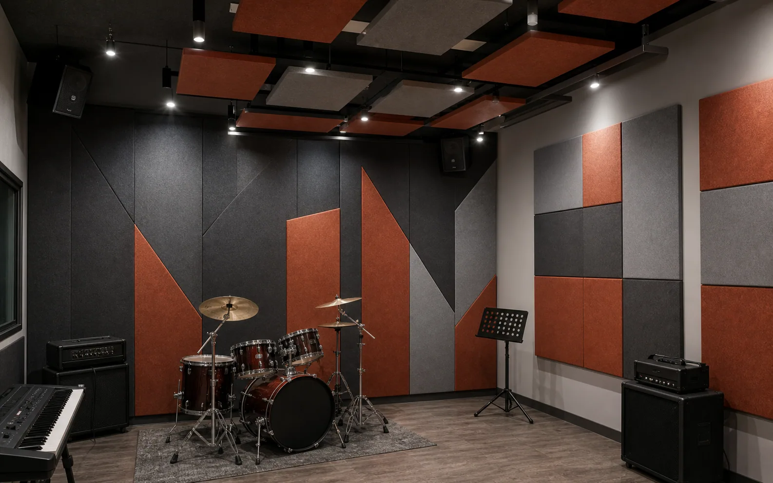 Music rehearsal studio with rust charcoal and grey polyester acoustic panels