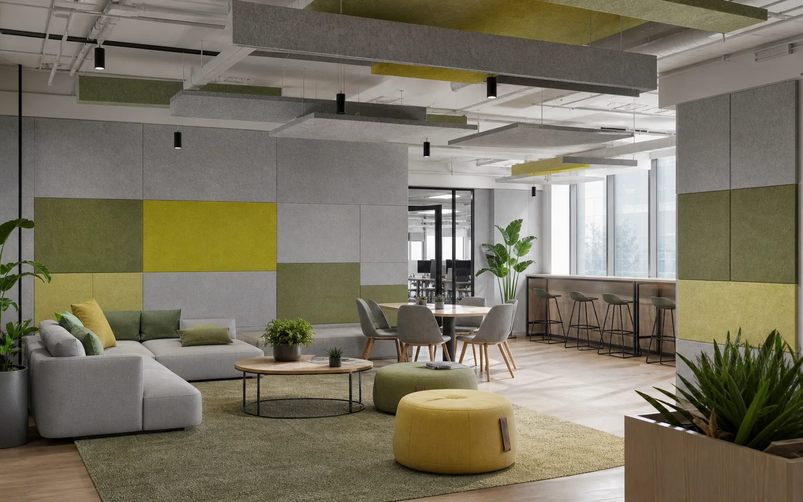 Modern office lounge with green grey and yellow polyester acoustic panels and ceiling baffles