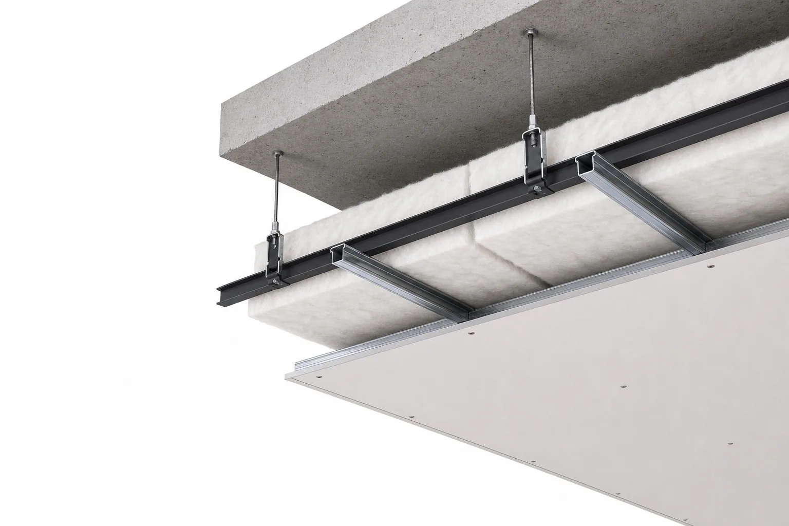 Typical suspended ceiling assembly with polyester fibre acoustic insulation